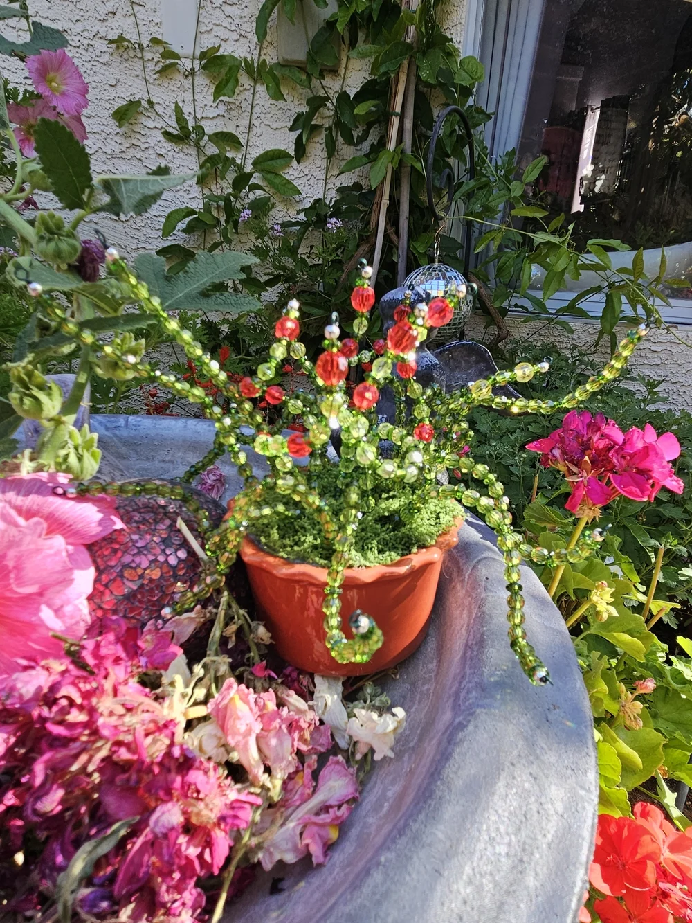 Beaded Green and Red Decorative Plant Accent